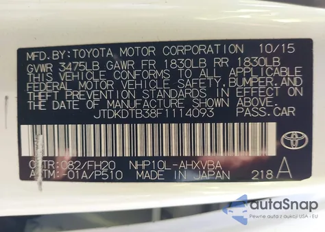 2015 Toyota Prius C One из США, поврежденный, VIN JTDKDTB38F1114093